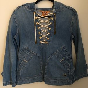 TORY BURCH Lace-up Hooded Denim Sweatshirt XS Blue